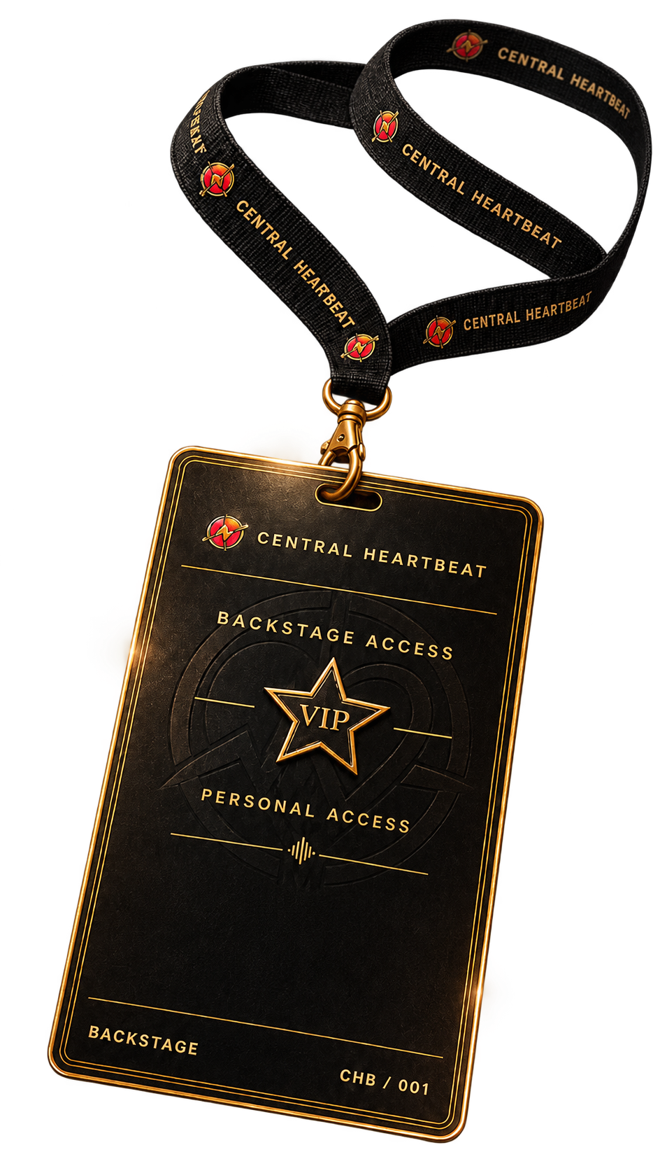 Black and gold Central Heart Beat VIP pass with fabric lanyard